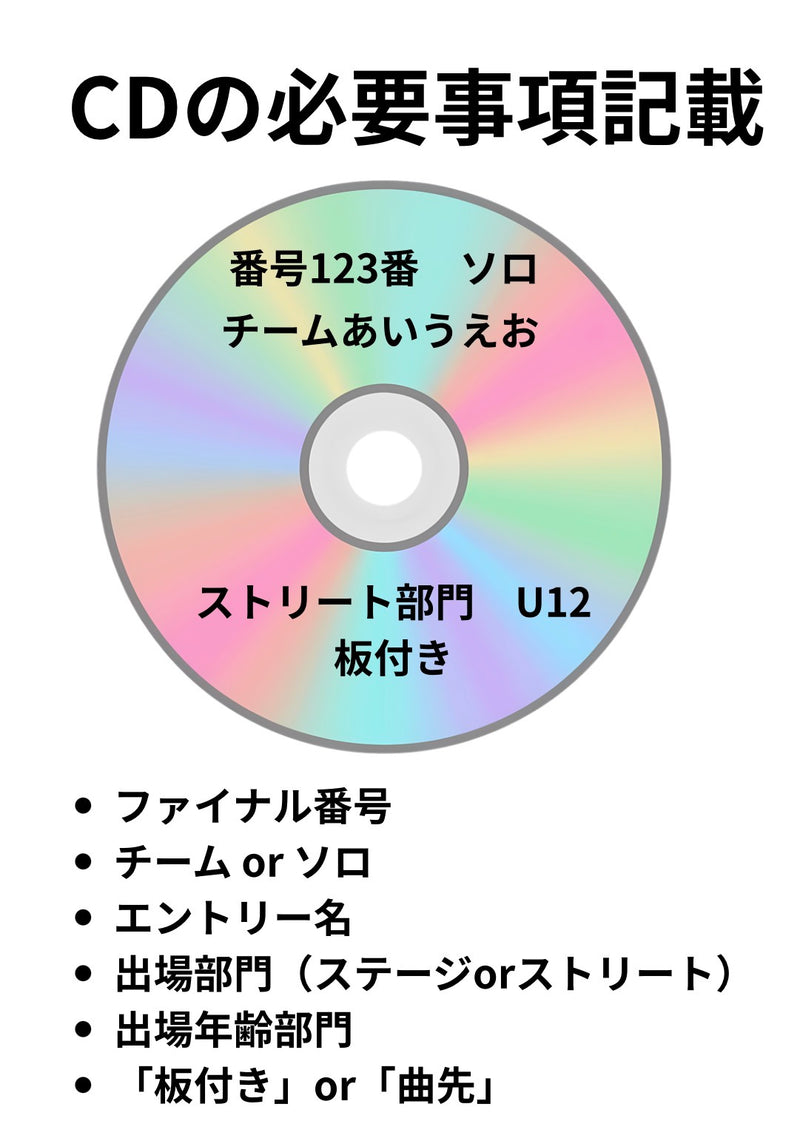音源のCDを必ず持参してください。受付で再生確認をいたします。万が一の場合に備え必ず予備のCDをお持ちください。CDには予め必要事項を記載ください。必要事項が記載されていない場合は、並びなおして記載いただく場合があります。